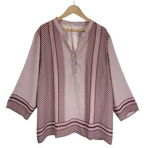 Norm Thompson Women's Popover Tunic Blouse Shirt Burgundy White Size 3X